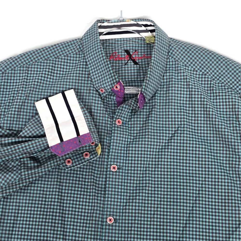 Robert Graham Tailored Fit Teal Gingham Button Down Shirt Mens 2XL Long Sleeve